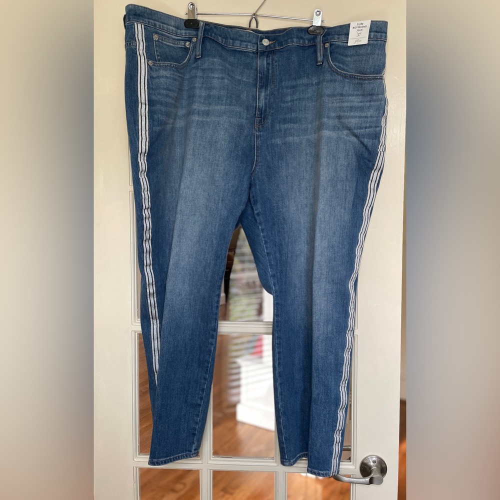NWOT J. Crew Slim Boyfriend Denim Jean Silver Ribbon Tuxedo Stripe. 37 waist/W24